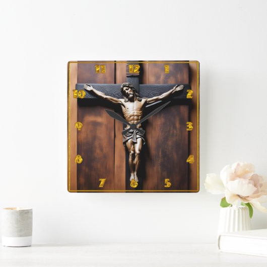 Jesus gekreuzigt auf einem Holzkreuz Quadratische Wanduhr (Zuhause)