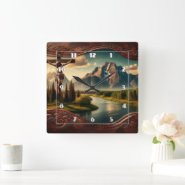 Jesus gekreuzigt vor den majestätischen Bergen Quadratische Wanduhr