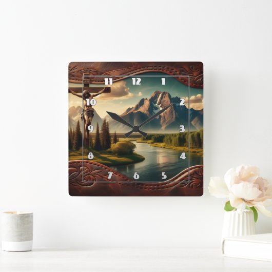 Jesus gekreuzigt vor den majestätischen Bergen Quadratische Wanduhr (Zuhause)