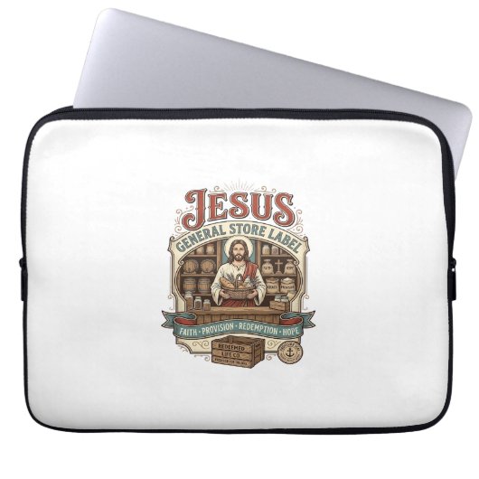 Jesus Gemischtwarenladen Label Jesus Gemischtwaren Laptopschutzhülle (Vorderseite)
