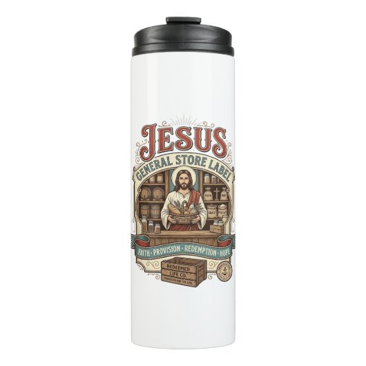Jesus Gemischtwarenladen Label Jesus Gemischtwaren Thermosbecher (Vorderseite)