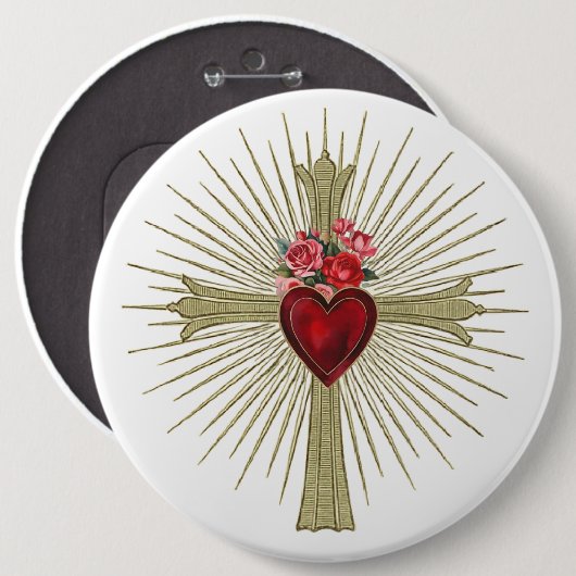 Jesus Gold Cross rotes Herz und Rose Liebe Button (Vorne & Hinten)