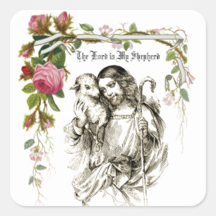 Jesus Good Hirten Vintage Rose Religiöse Quadratischer Aufkleber