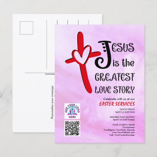 JESUS GREATEST LOVE STORY Logo QR Code EASTER Einladungspostkarte (Vorne/Hinten)