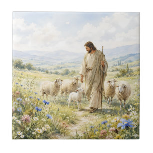 Jesus Guter Hirte Wildblumen Aquarell Fliese
