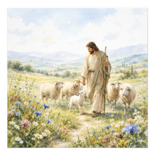Jesus Guter Hirte Wildblumen Aquarell Fotodruck