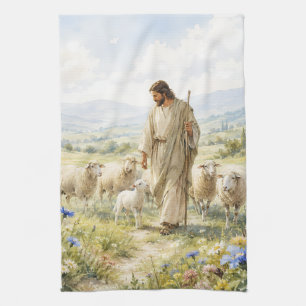 Jesus Guter Hirte Wildblumen Aquarell Geschirrtuch