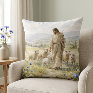 Jesus Guter Hirte Wildblumen Aquarell Kissen