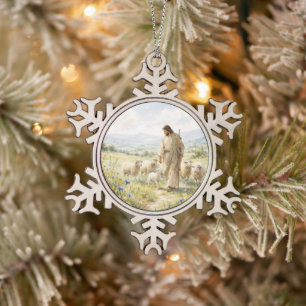 Jesus Guter Hirte Wildblumen Aquarell Schneeflocken Zinn-Ornament