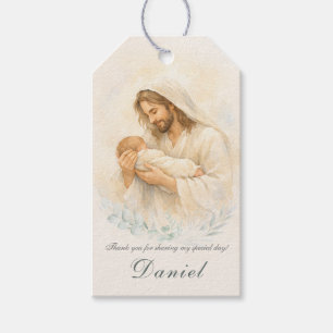 Jesus hält Baby-Taufe Danke-Favor-Tag Geschenkanhänger