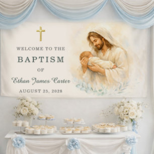 Jesus hält Baby Taufe Willkommen Wasserfarbe Banner