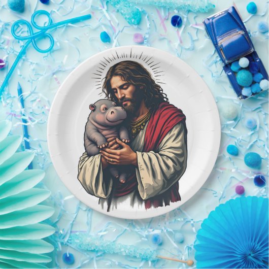 Jesus hält ein Baby Moo Deng Hippo Pappteller (Party)