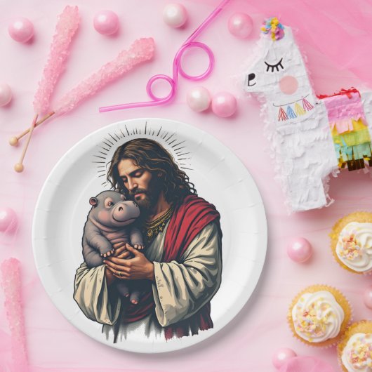 Jesus hält ein Baby Moo Deng Hippo Pappteller (Party)