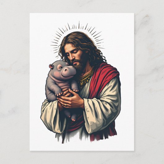 Jesus hält ein Baby Moo Deng Hippo Postkarte (Vorderseite)