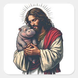 Jesus hält ein Baby Moo Deng Hippo Quadratischer Aufkleber