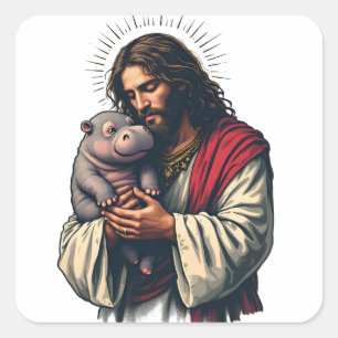 Jesus hält ein Baby Moo Deng Hippo Quadratischer Aufkleber