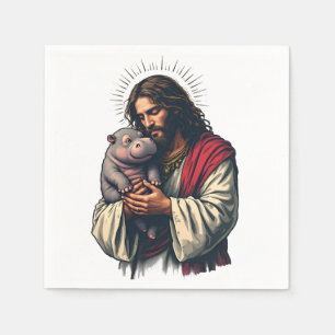 Jesus hält ein Baby Moo Deng Hippo Serviette