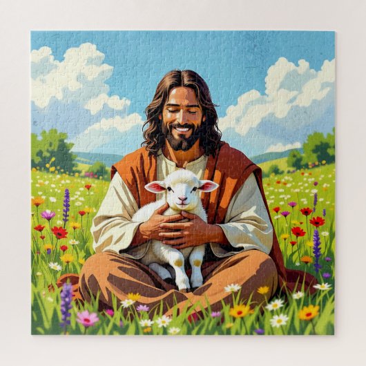 Jesus hält ein Lamm | Religiöser Christ Puzzle (Vertikal)