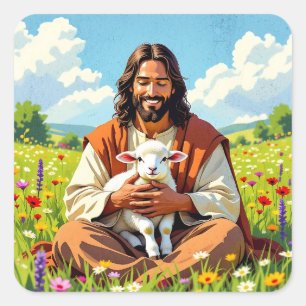 Jesus hält ein Lamm   Religiöser Christ Quadratischer Aufkleber