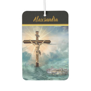 Jesus hängt von einem christlichen Kreuzungskreuz. Autolufterfrischer
