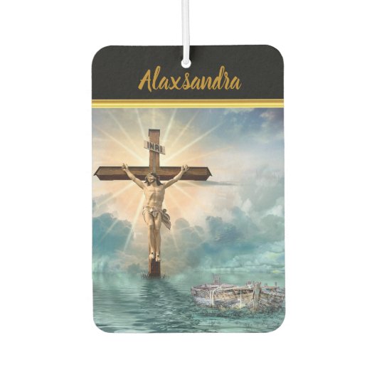 Jesus hängt von einem christlichen Kreuzungskreuz. Autolufterfrischer (Vorderseite)