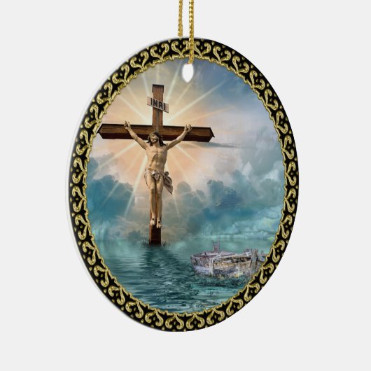 Jesus hängt von einem christlichen Kreuzungskreuz. Keramik Ornament (Rechts)