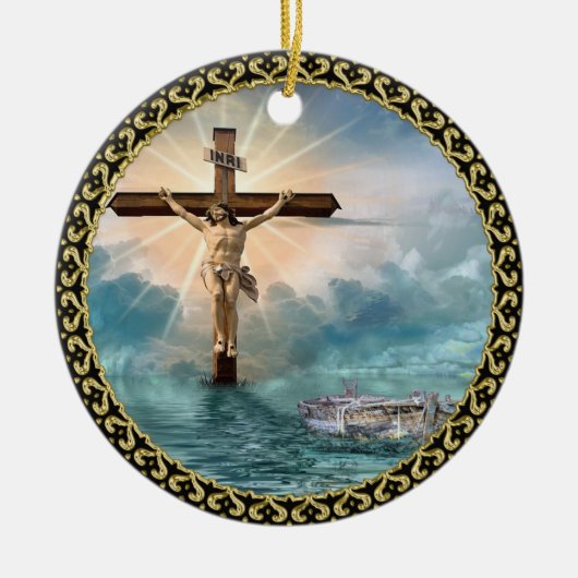 Jesus hängt von einem christlichen Kreuzungskreuz. Keramik Ornament (Vorne)