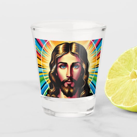 Jesus hat eine Brille geschossen! Schnapsglas (Vorderseite)