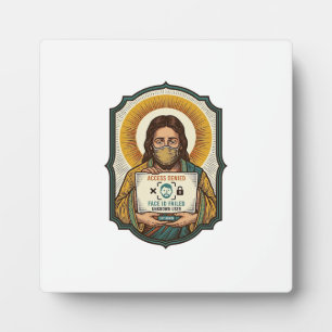Jesus hat Gesichtsentriegelung mit Maske bei Tech- Fotoplatte
