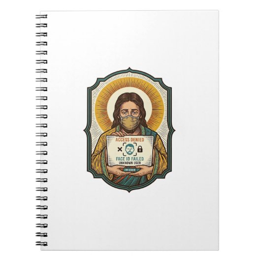 Jesus hat Gesichtsentriegelung mit Maske bei Tech- Notizblock (Vorderseite)