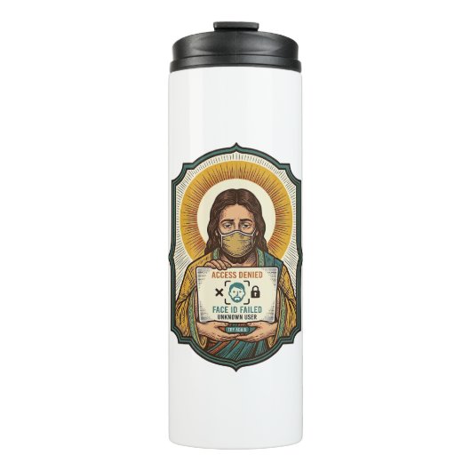 Jesus hat Gesichtsentriegelung mit Maske bei Tech- Thermosbecher (Vorderseite)