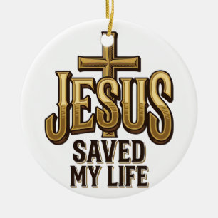Jesus hat mein Leben gerettet Kreuz Vintage Keramik Ornament