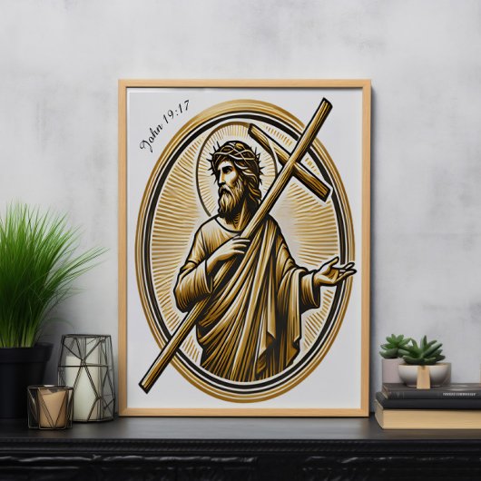 Jesus hebt Goldenes Kreuz mit Liebe auf Poster