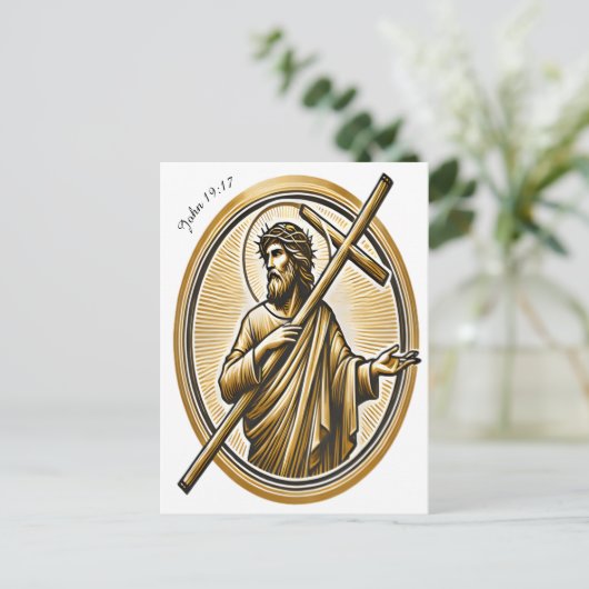 Jesus hebt Goldenes Kreuz mit Liebe auf Postkarte (Stehend Vorderseite)