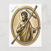 Jesus hebt Goldenes Kreuz mit Liebe auf Postkarte (Vorderseite)