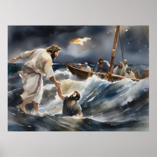 Jesus helft Peter aus dem Wasser Poster