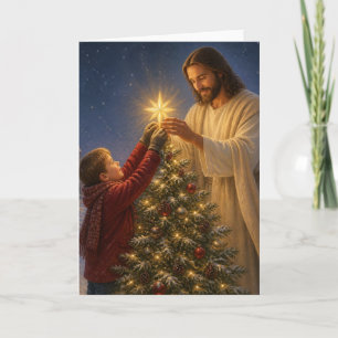 Jesus hilft einem kleinen Jungen den Weihnachtsbau Feiertagskarte