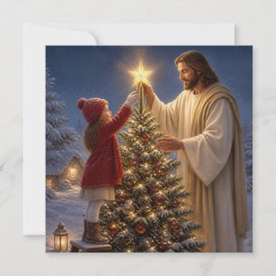 Jesus hilft einem kleinen Mädchen beim Schmücken d Feiertagskarte
