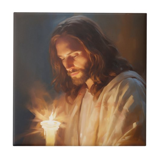 Jesus Holding Candle Keramik Tile Fliese (Vorderseite)