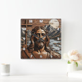 Jesus Holding Cross by Mountain River bei Sonnenun Quadratische Wanduhr (Zuhause)