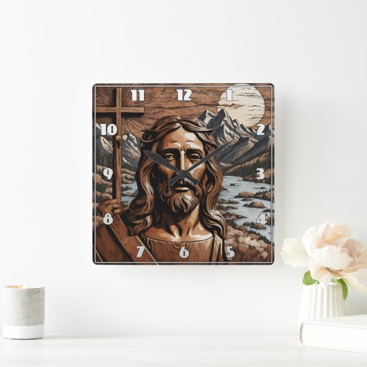 Jesus Holding Cross by Mountain River bei Sonnenun Quadratische Wanduhr (Zuhause)
