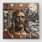 Jesus Holding Cross by Mountain River bei Sonnenun Quadratische Wanduhr (Vorderseite)