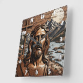Jesus Holding Cross by Mountain River bei Sonnenun Quadratische Wanduhr (Winkel)