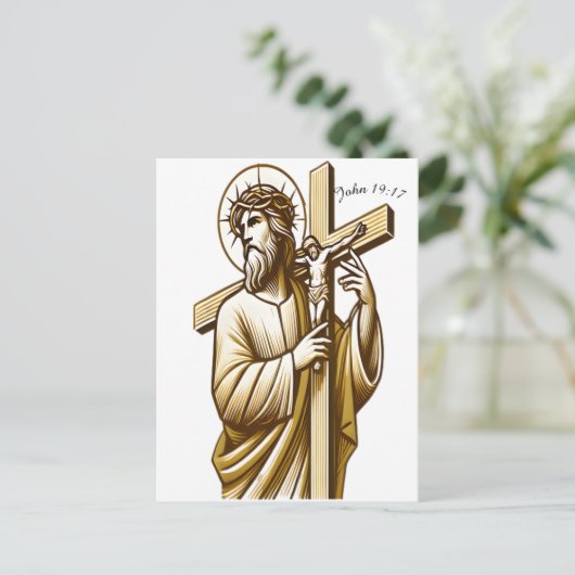 Jesus Holding Gold Cross in Hingabe Postkarte (Stehend Vorderseite)