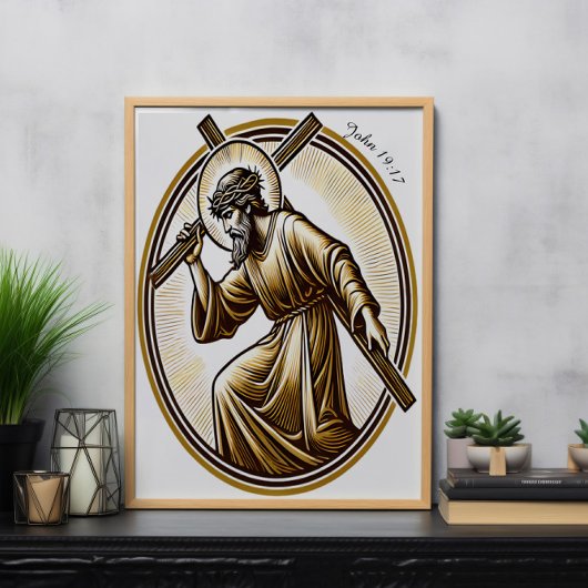 Jesus Holding Gold Cross rückwärtig Poster