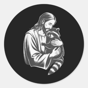 Jesus Hugging Raccoon Runder Aufkleber