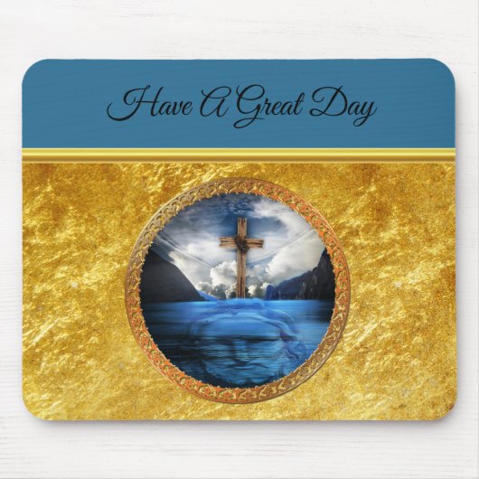Jesus im Meer mit einem Holzkreuz und Goldfolie Mousepad (Vorne)