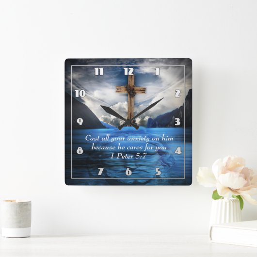 Jesus im Wasser 1 Peter 5:7 Quadratische Wanduhr (Zuhause)