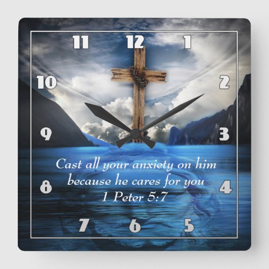 Jesus im Wasser 1 Peter 5:7 Quadratische Wanduhr (Vorderseite)