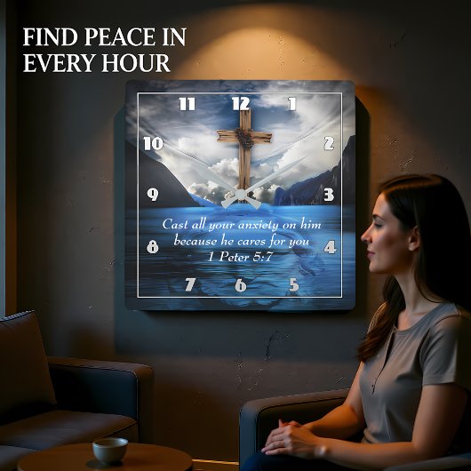 Jesus im Wasser 1 Peter 5:7 Quadratische Wanduhr